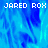 Pixelated blue abstract background with repeated 'JARED ROX' text in white block letters across multiple sections.