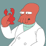 Red-skinned cartoon character in white lab coat holds small red crab-like creature against teal background.