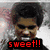 A four- shows a person with dark hair, a yellow background with text, and a wolf-like animal. Red text reads "sweet!!" and "puppy!!!"