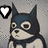 Pixelated dog in Batman costume with heart icon, static pose, gray background.