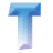 A static blue gradient T-shaped icon with a purple base on the left, and scattered gray pixelated fragments of text on the right against a white background.