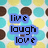 Pixelated image with blue text boxes reading 'live', 'laugh', and 'love' over a background of brown circles on yellow and cyan squares.