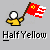 Pixelated character in yellow shirt holding red flag with white stripes and yellow star on gray background, below text reading 'Half Yellow'.