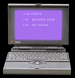 A contact sheet of three animated frames showing a vintage laptop with changing screen displays against black and gray backgrounds.