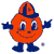 Pixelated orange character with blue limbs and hat, smiling face, arms outstretched, standing on blue feet against white background.