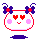 A 4-frame pixel art animation of a cartoon character with heart-shaped eyes, pink cheeks, and purple bows on its head, displayed in a 2x2 contact sheet format against a gray background.