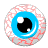 A 4-frame contact sheet of a cartoon eye animation showing blinking and closed-eye states with visible bloodshot veins, blue iris, black pupil, white sclera, and red capillaries on a gray background.