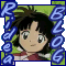 Animated pixel art of a character with dark hair and large eyes, wearing red clothing against green background.
