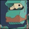 Pixelated teal robot head with a single square eye, brown facial feature, and dark blue background.