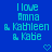 Blue background with cyan pixelated text reading 'I love Amna & Kathleen & Kabe' and two heart symbols, one on each side.