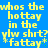 Yellow pixelated text on blue background reads "whos the hottay in the ylw shrt? fattay" with small star and green dot accents.