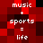 Pixelated red and black with white text reading 'music + sports = life' repeated in two vertical