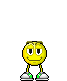 Yellow cartoon character with green shoes and white sneakers, shown in multiple poses including standing still, waving, and having a large open mouth.