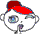Pixelated cartoon character with red cap and blue eyes in two animation frames showing eye and mouth changes.