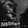 Black-and-white animated icon shows a woman's face in profile with closed eyes, accompanied by text reading "I AM justified IN YOU" in the top-left, "I AM purified IN YOU" in the top-right, and "I AM sanctified IN YOU" in the bottom-left.