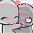 Pixelated cartoon character with gray body and black outlines, holding a pink flower, surrounded by pink text reading 'ur a meanie poo... but i luv yo <3'.