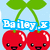 Pixelated cherry pair with smiling faces, green leaves, and blue text reading 'Bailey.x' on light blue background.