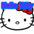 Hello Kitty character with red bow, white face, black whiskers and eyes; three distinct text overlays in blue boxes: 'Hello Kitty', 'Rocks!', and 'Meow!' appear sequentially.