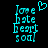 Two side-by-side pixelated cyan text displays on black background, one with a heart symbol above the text, the other without.