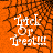 Orange background with black spiderweb pattern and white text reading "Trick Or Treat!!!" in a stylized font.