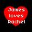 Four red heart-shaped icons with white text reading "James loves Rachel" on a black background, each with distinct pixelation levels.