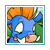 Pixelated blue cartoon character with orange hair and green background, framed by light blue border.