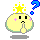 A 4-frame pixel art animation of a yellow cartoon character with pink cheeks, black eyes, and a closed mouth in various states of question marks and stars above its head.