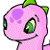 Pixelated pink cartoon character with green accents, large eye, and purple spot on head against white background.