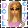 Pixelated avatar of a doll with long brown hair, pink top, and black-and-white checkered bracelet, standing against white background with 'DOLL CITY' text in blue/purple letters.