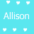 A static icon with a cyan background featuring the name 'Allison' in white text and scattered pixelated heart symbols.