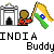 Pixel art icon featuring a white domed building, a figure in red clothing holding an Indian flag, and text reading 'INDIA Buddy' on a gray background.
