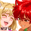 Pixel art of two anime-style characters with animal ears, one laughing and the other smiling, against a gray background.