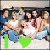 Animated contact sheet showing three frames of a beach-themed buddy icon with group photo background and green text elements.