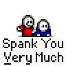 Animated contact sheet of a pixel art buddy icon showing two stick figures with changing poses and repeated text "Spank You Very Much" across seven frames.