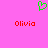 Green pixelated heart symbol above two red 'Olivia' text instances on solid pink background.