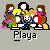 Pixelated group of figures with varied hair colors and clothing, standing together beneath the text 'Playa' on a gray background.