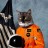 A pixelated image shows a cat wearing an orange outfit with dark rectangular patches, positioned next to a black and white striped object against a muted blue-gray background.