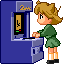 Pixel art of a blonde girl in green dress interacting with blue arcade machine labeled 'Zaxx' across showing hand and screen changes