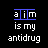 Pixelated text with alternating phrases 'aim is my antidrug' and 'what's yours?' underlined in blue, displayed on a black background