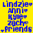 Blue text on yellow background lists names Lindzie, Anni, Kyle, Zach with heart symbols and *Friends* in a pattern