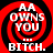 Four identical red and black spiral icons with white text reading 'AA OWNS YOU ... BITCH.' arranged in a