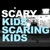 Pixelated text displays 'SCARY KIDS SCARING KIDS' in light blue and white on a dark background with visible pixelation.
