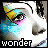 Pixelated face with blue skin, yellow and pink eye accents, and the word 'wonder' in black text below, showing animation changes in the 'wonder' text color.