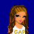 Pixel art of a female character with long brown hair wearing a white 'GAP' shirt and dark jeans, standing on a blue background with 'Cutie' text below.
