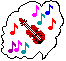 Pixelated red violin with black and white checkered strings inside a white cloud-shaped outline on gray background, surrounded by colorful musical notes.