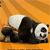 Pixelated image of a panda lying on its side against an orange background, with black and white fur, visible eyes, nose, and mouth.
