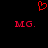 Red pixelated heart symbol above two identical red 'MG.' text blocks on black background.