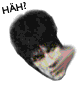 Animated sequence of a person's head with black hair and pink cheek shading, showing progressive facial expression changes with 'HÄH!' text above.
