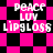 Pixelated text 'peace LUV Lipgloss' on a pink and black checkered background with diamond-shaped patterns.