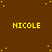 Brown background with yellow dots and repeated yellow text 'NICOLE' in a pattern, with a gray rectangle in the bottom-right corner